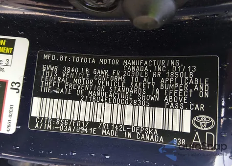 2013 Toyota Corolla S z USA, uszkodzony, nr VIN 2T1BU4EE0DC028305